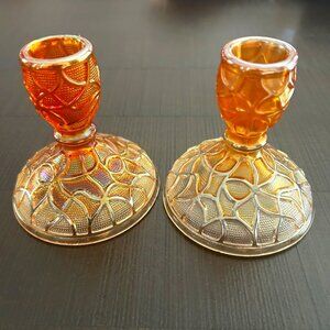 Vintage Imperial Glass Tree of Life Candlesticks Set  Iridescent Marigold